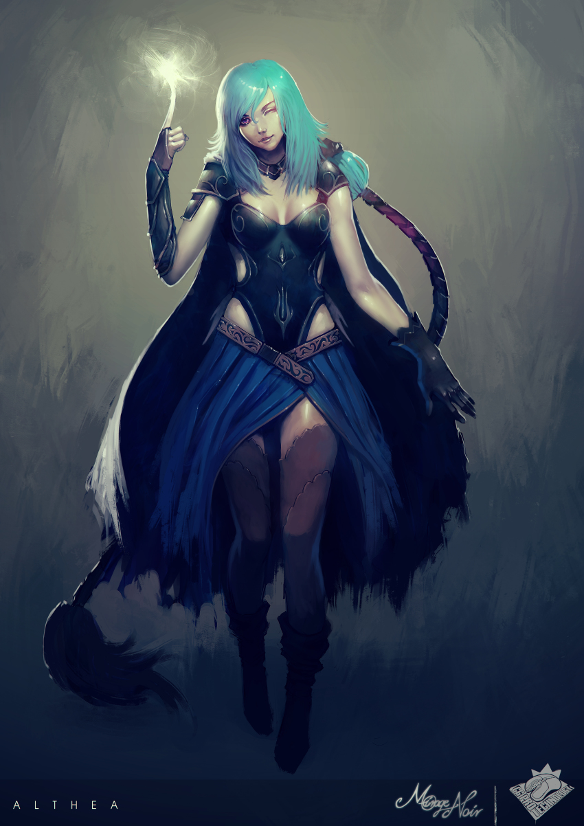 absurdres, althea_(luminous_arc), althea_(mirage_noir), armor, belt, blue_hair, braid, cape, highres, magic, mirage_noir, purple_eyes, smile, tagme, thighhighs