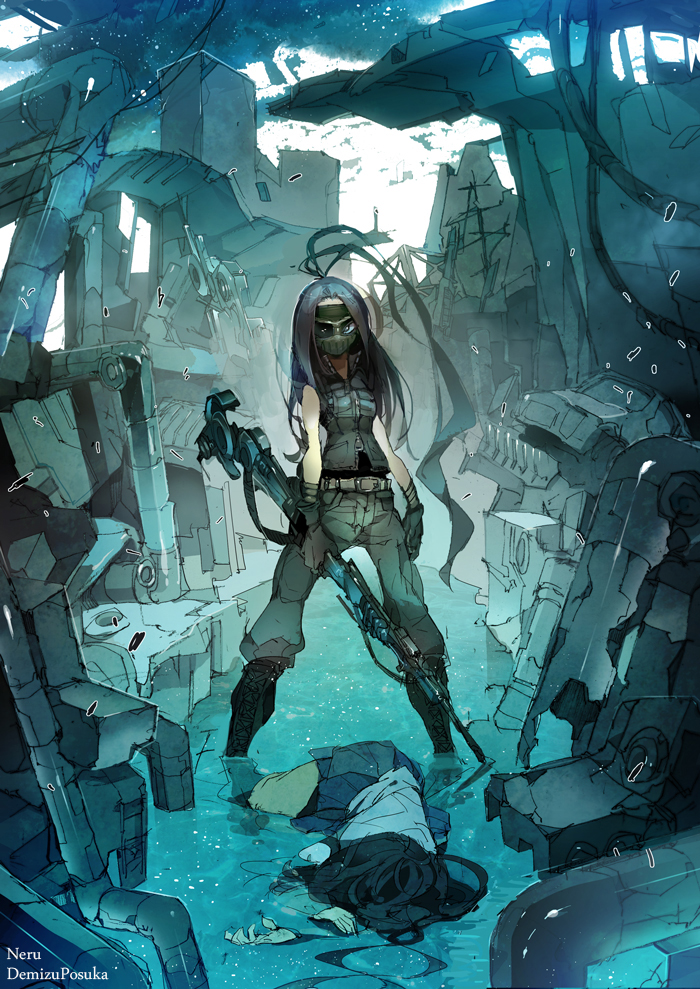 2girls, antenna_hair, artist_name, belt, blue_theme, boots, cross-laced_footwear, demizu_posuka