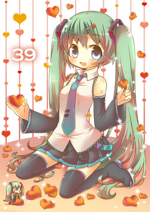 2girls, 39, blue_eyes, boots, chibi, detached_sleeves, green_hair, hatsune_miku