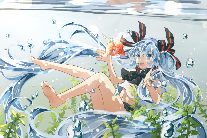 1girl, :o, barefoot, blue_eyes, blue_hair, bottle_miku, feet, female_focus