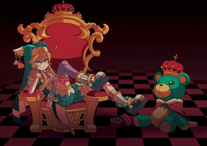 1boy, animal_hat, arc_system_works, ascot, blonde_hair, blue_eyes, blush, bridget_(guilty_gear)