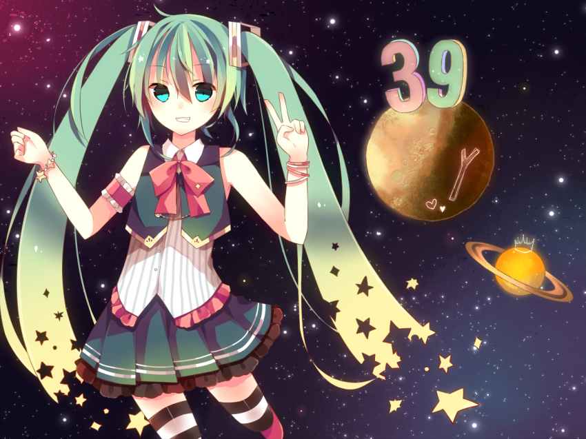 1girl, 39, aqua_eyes, bow, bowtie, bracelet, female_focus, green_hair