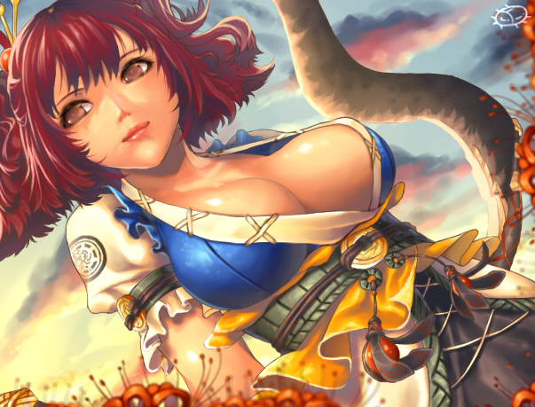 1girl, arms_behind_back, bad_id, bad_pixiv_id, breasts, brown_eyes, bteele, cleavage, cloud, dutch_angle, embellished_costume, female_focus, hair_bobbles, hair_ornament, large_breasts, lips, no_bra, onozuka_komachi, red_hair, scythe, short_hair, solo, touhou, upper_body