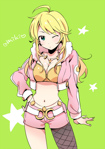 1girl, asymmetrical_legwear, bad_id, bad_pixiv_id, belly_chain, blonde_hair, character_name, female_focus