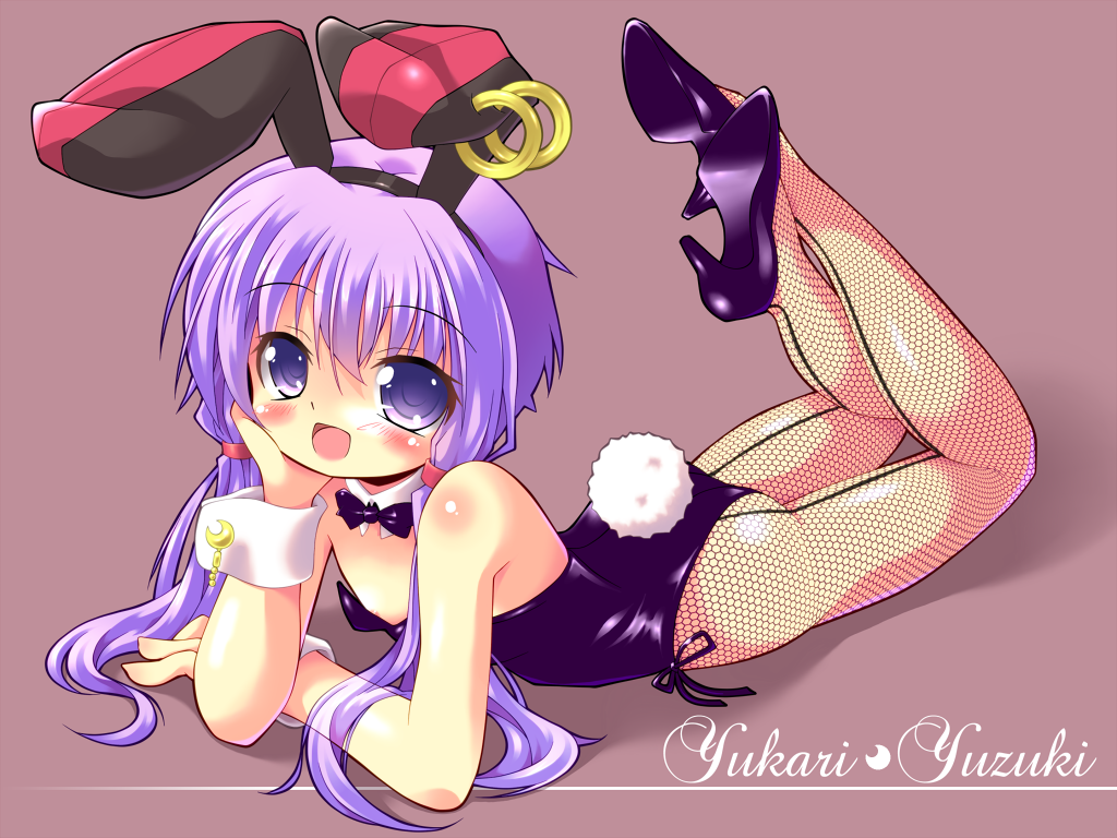 1girl, animal_ears, bow, bowtie, detached_collar, fake_animal_ears, fishnet_pantyhose, fishnets, legs_up, long_hair, low_twintails, lying, miokuri, on_stomach, pantyhose, playboy_bunny, purple_eyes, purple_hair, rabbit_ears, rabbit_tail, tail, twintails, vocaloid, voiceroid, wrist_cuffs, yuzuki_yukari