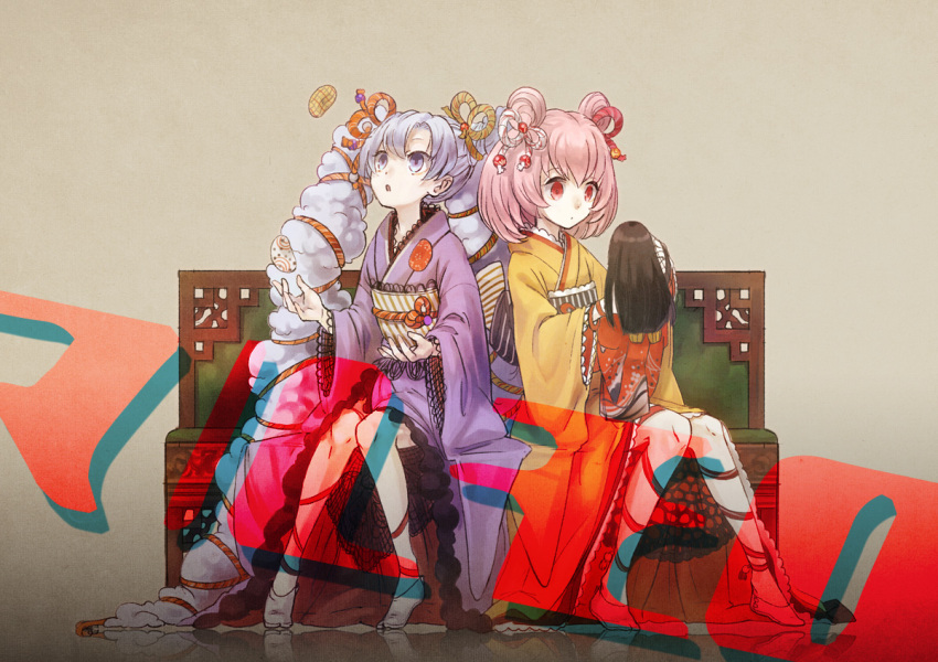 2girls, :o, chair, doll, double_bun, hair_bun, japanese_clothes, kimono
