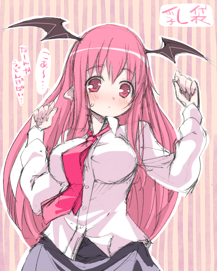 1girl, bad_id, bad_pixiv_id, bat_wings, blush, breasts, dress_shirt, female_focus