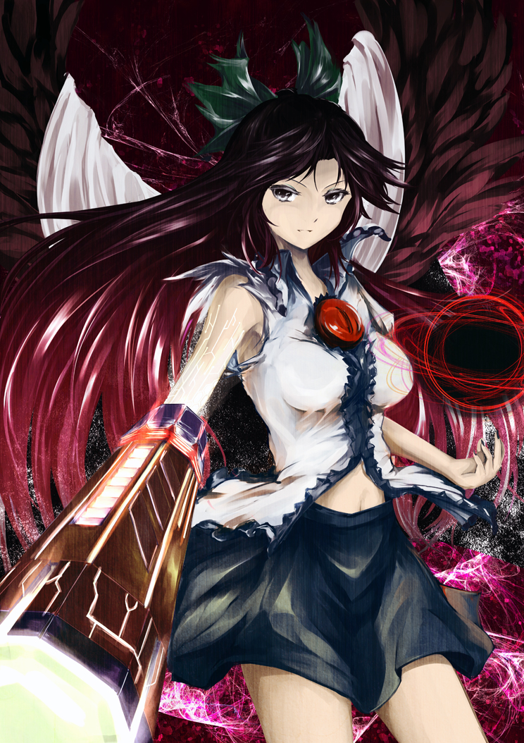 1girl, arm_cannon, armpits, bare_shoulders, bow, brown_hair, cape, f_kz