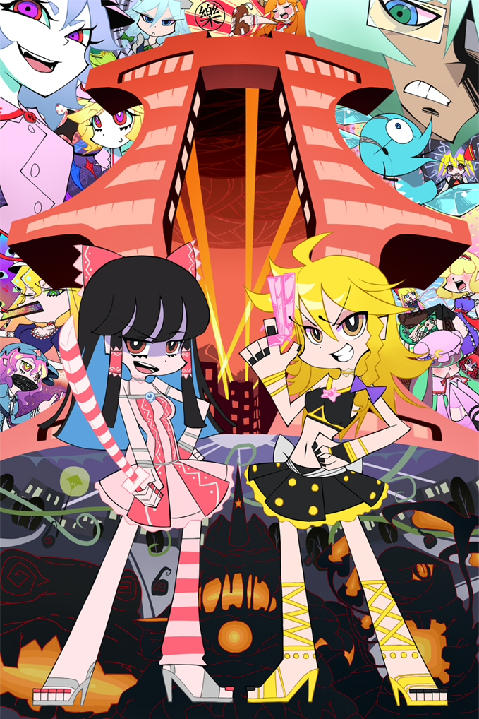 1boy, 6+girls, alice_margatroid, bad_id, bad_pixiv_id, brief_(psg), bteele, chuck_(psg), cirno, cross-laced_footwear, flandre_scarlet, full_body, grin, gun, hakurei_reimu, high_heels, hong_meiling, hoshiguma_yuugi, houjuu_nue, ibuki_suika, izayoi_sakuya, kawashiro_nitori, kirisame_marisa, kneesocks_(psg), koakuma, magical_girl, morichika_rinnosuke, multiple_girls, nail_polish, missing_headwear, panty_&amp;_stocking_with_garterbelt, panty_(psg), parody, patchouli_knowledge, pyonta, remilia_scarlet, rumia, saigyouji_yuyuko, scanty_(psg), shanghai_doll, shoes, siblings, single_thighhigh, sisters, smile, stocking_(psg), striped_clothes, striped_legwear, striped_thighhighs, style_parody, sword, thighhighs, touhou, weapon, wings, yakumo_yukari