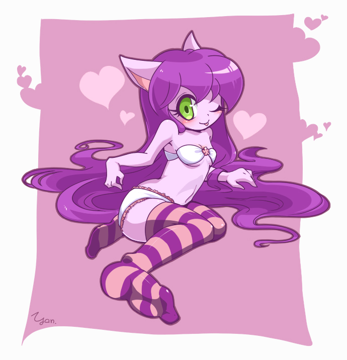 1girl, ;p, animal_ears, bandeau, bare_shoulders, blush, breasts, cleavage