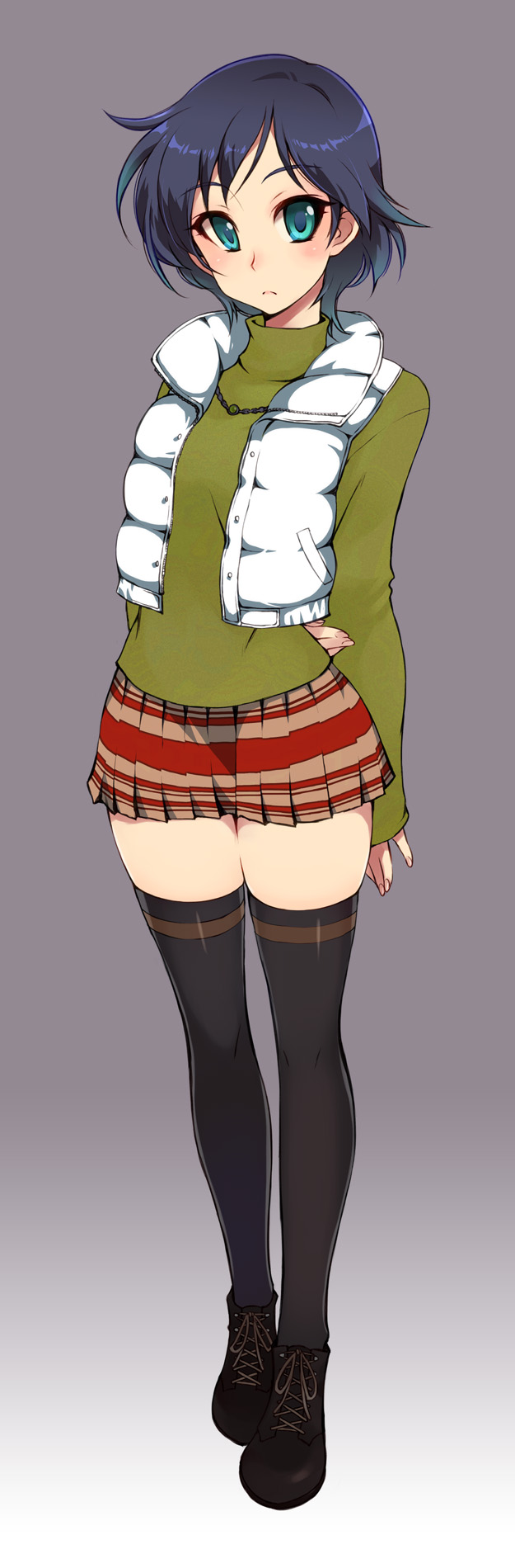 1990s_(style), 1girl, black_hair, black_thighhighs, blush, dousoukai_again, female_focus, gradient_background, green_eyes, highres, kusanagi_tonbo, long_image, looking_at_viewer, microskirt, pleated_skirt, retro_artstyle, short_hair, skirt, smile, solo, tall_image, thighhighs, vest, wakabayashi_ayu, zettai_ryouiki