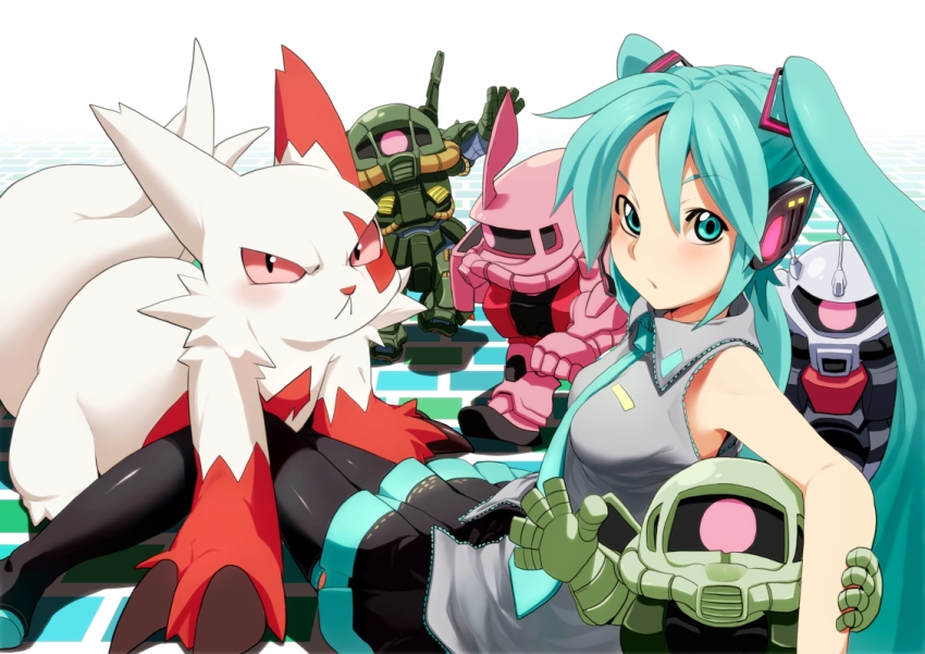 1girl, 39, :<, aqua_eyes, aqua_hair, boots, creature, crossover, gen_3_pokemon, gundam, hatsune_miku, headset, hizack, long_hair, mecha, multiple_crossover, necktie, nintendo, pokemon, pokemon_(creature), robot, sitting, skirt, thigh_boots, thighhighs, twintails, ugougou, vocaloid, zaku, zaku_iii, zangoose
