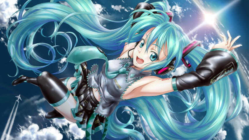 1girl, :d, aircraft, airplane, aqua_eyes, aqua_hair, armpits, arms_up