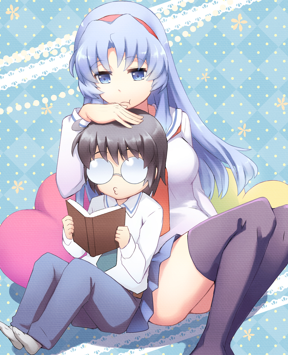 10s, 1boy, 1girl, black_hair, black_thighhighs, blue_hair, book, brown_hair