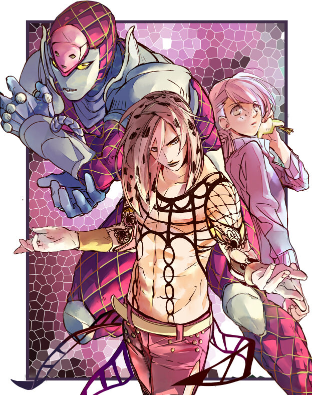 3boys, bad_id, bad_pixiv_id, diavolo, enri2010, freckles, jojo_no_kimyou_na_bouken, king_crimson_(stand), long_hair, male_focus, multiple_boys, pink_hair, ponytail, stained_glass, stand_(jojo), vento_aureo, vinegar_doppio