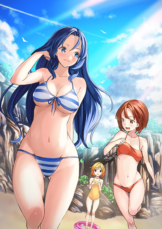 10s, 3girls, bad_id, bad_pixiv_id, bikini, blonde_hair, blue_eyes, blue_hair, bouncing_breasts, breast_envy, breasts, brown_hair, cleavage, cloud, collarbone, day, floater_(floater80012059), front-tie_top, groin, innertube, kotoura-san, kotoura_haruka, large_breasts, long_hair, medium_breasts, mifune_yuriko, moritani_hiyori, multiple_girls, navel, open_mouth, orange_eyes, orange_hair, red_eyes, short_hair, sky, small_breasts, striped_bikini, striped_clothes, swim_ring, swimsuit, underboob, unowen, very_long_hair