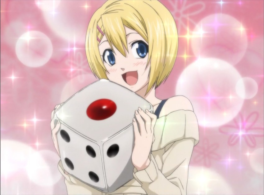 bare_shoulders, blonde_hair, crossdressing, cuticle_tantei_inaba, dice, hair_ornament, hairclip, sasaki_yuuta