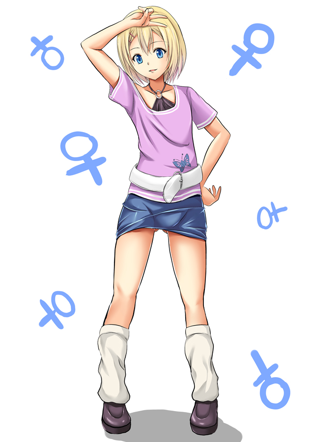 1boy, blonde_hair, crossdressing, crossdressing_(mtf), cuticle_tantei_inaba, hair_ornament, hairclip, legs, looking_at_viewer, male_focus, orange_(meitoku), sasaki_yuuta, shadow, skirt, solo, standing, trap, venus_symbol