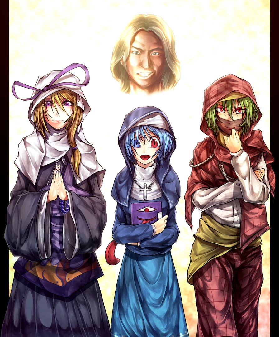 3girls, adapted_costume, alternate_costume, bad_id, bad_pixiv_id, blue_eyes, book, bracelet