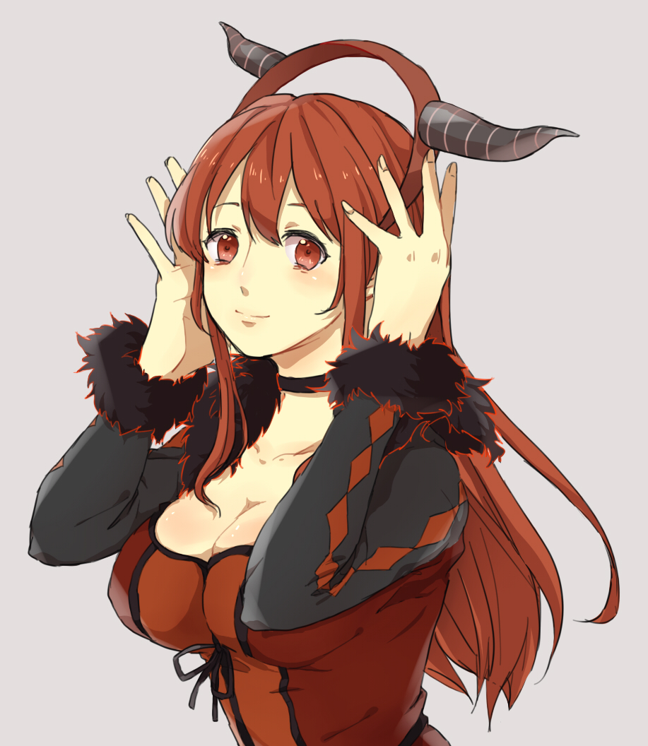 10s, 1girl, argyle, biscuit_x, brown_eyes, brown_hair, choker, fake_horns, female_focus, fur_trim, horns, long_hair, maou_(maoyuu), maoyuu_maou_yuusha, simple_background, solo, upper_body