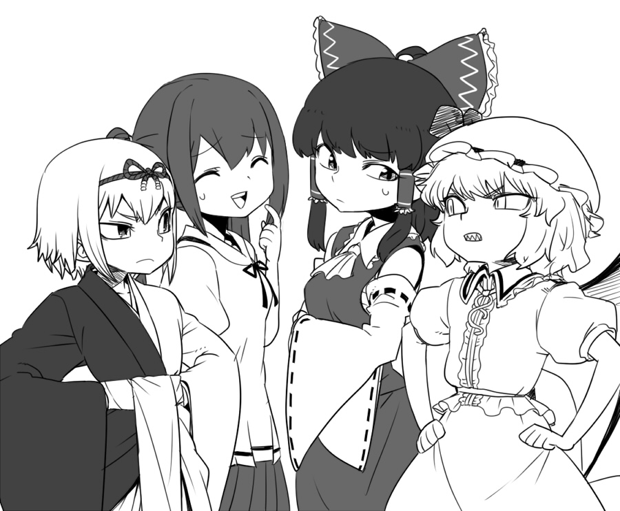4girls, akai_ito, bat_wings, bow, crossover, detached_sleeves, eye_contact, closed_eyes, female_focus, frown, greyscale, hair_bow, hair_tubes, hakurei_reimu, hands_on_own_hips, hat, hatou_kei, japanese_clothes, looking_at_another, miko, mob_cap, monochrome, multiple_girls, neckerchief, nozomi_(akai_ito), open_mouth, remilia_scarlet, ribbon-trimmed_sleeves, ribbon_trim, sharp_teeth, short_hair, short_sleeves, spacezin, sweatdrop, teeth, touhou, wings