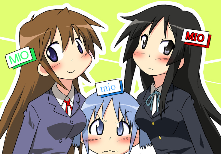 3girls, akiyama_mio, black_eyes, black_hair, blazer, blue_eyes, blush, brown_hair, character_name, crossover, hikawa_mio, hirona_ex, jacket, k-on!, long_hair, men_(artist), multiple_girls, naganohara_mio, name_connection, nichijou, school_uniform, short_hair, smile, tokisadame_school_uniform, wavy_mouth