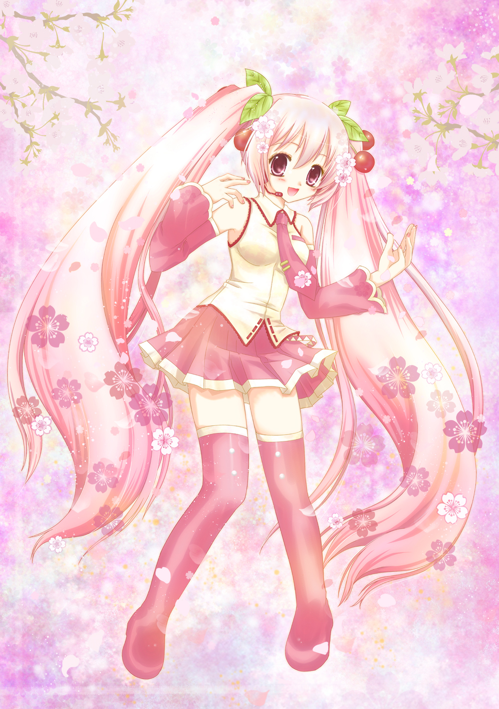 1girl, boots, cherry, detached_sleeves, female_focus, food, fruit, hatsune_miku