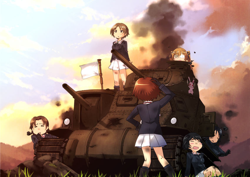 10s, 6+girls, black_hair, broken, brown_hair, caterpillar_tracks, cloud, emblem, flag, flag_on_vehicle, girls_und_panzer, glasses, grass, long_hair, m3_lee/grant, maruyama_saki, medium_tank, mikan_dakaran, military, military_vehicle, motor_vehicle, multiple_girls, neogeon, oono_aya, rabbit, sakaguchi_karina, sawa_azusa, short_hair, sky, smoke, tank, utsugi_yuuki, vehicle, yamagou_ayumi