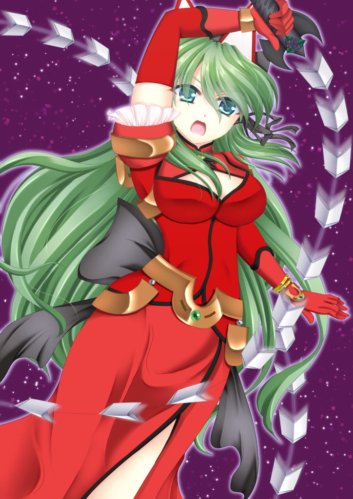 1girl, dress, elbow_gloves, female_focus, gloves, green_eyes, green_hair, kagashima_itsuki, long_hair, mahou_senshi_elixir_knights, matching_hair/eyes, open_mouth, purple_background, red_dress, solo, weapon, whip_sword, yagiri_yue