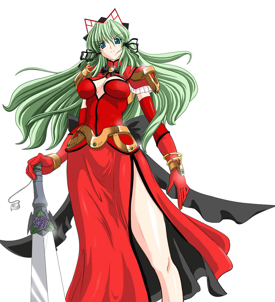 1girl, blue_eyes, breasts, dress, elbow_gloves, female_focus, from_below, fuchi, gloves, green_hair, headdress, kagashima_itsuki, long_hair, mahou_senshi_elixir_knights, red_dress, solo, sword, weapon, white_background