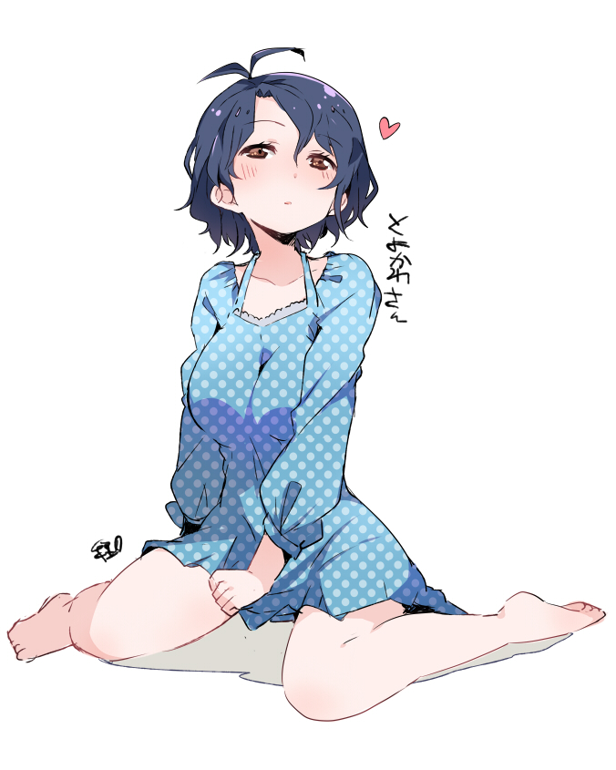 10s, 1girl, bad_id, bad_pixiv_id, barefoot, black_hair, blush, brown_eyes, dress, female_focus, heart, idolmaster, idolmaster_million_live!, polka_dot, polka_dot_dress, short_hair, sitting, sketch, solo, taneda_yuuta, toyokawa_fuka