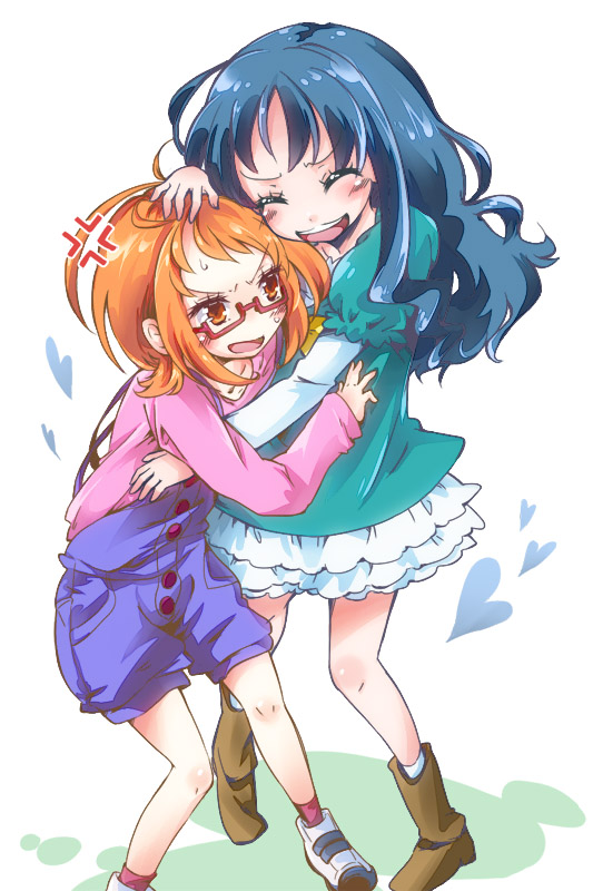 10s, 2girls, anger_vein, asamori, blue_hair, blue_shirt, brown_hair, full_body, glasses, heartcatch_precure!, in-franchise_crossover, kurumi_erika, long_hair, multiple_girls, overalls, precure, red-framed_eyewear, shirabe_ako, shirt, shoes, short_hair, shorts, skirt, suite_precure, white_background