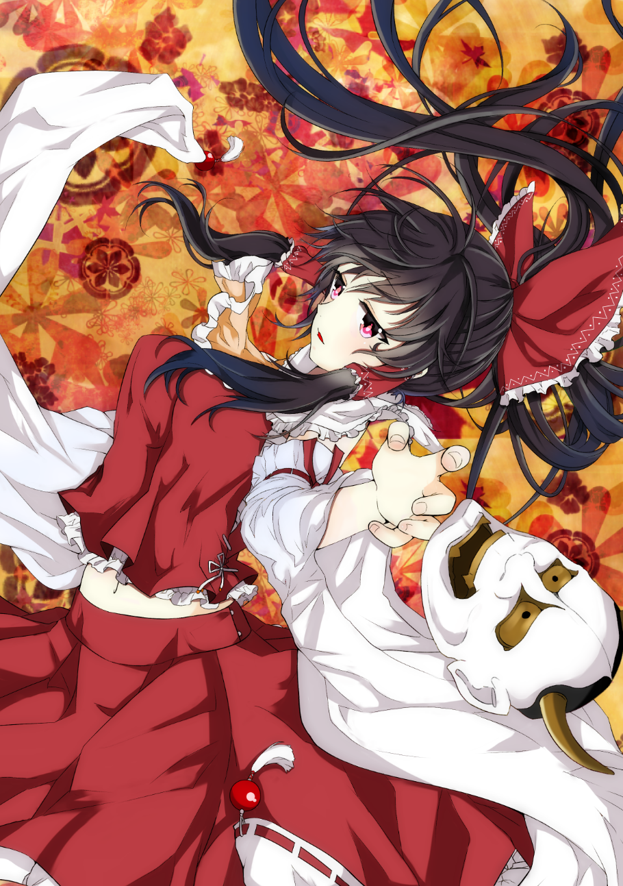 1girl, ascot, bad_id, bad_pixiv_id, black_hair, bow, colorized, detached_sleeves