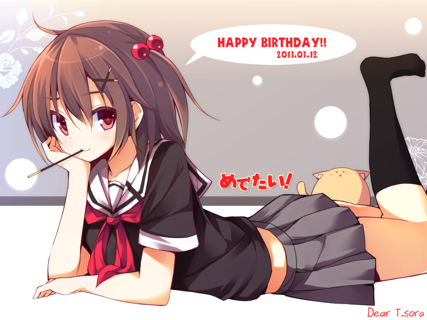 10s, 1girl, 2013, birthday, black_socks, borrowed_character, brown_hair, cat