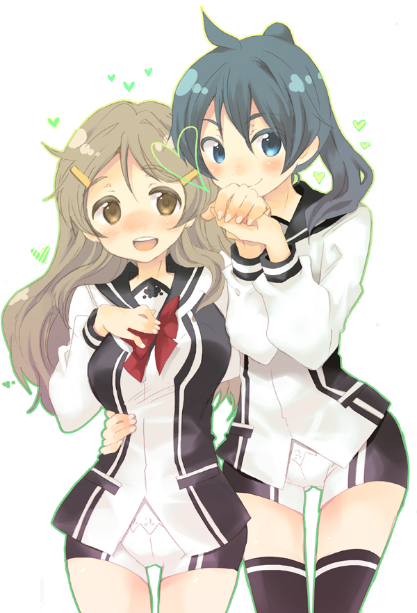 2girls, aki_eda, arm_around_another's_waist, black_legwear, blush, brown_eyes, brown_hair, green_eyes