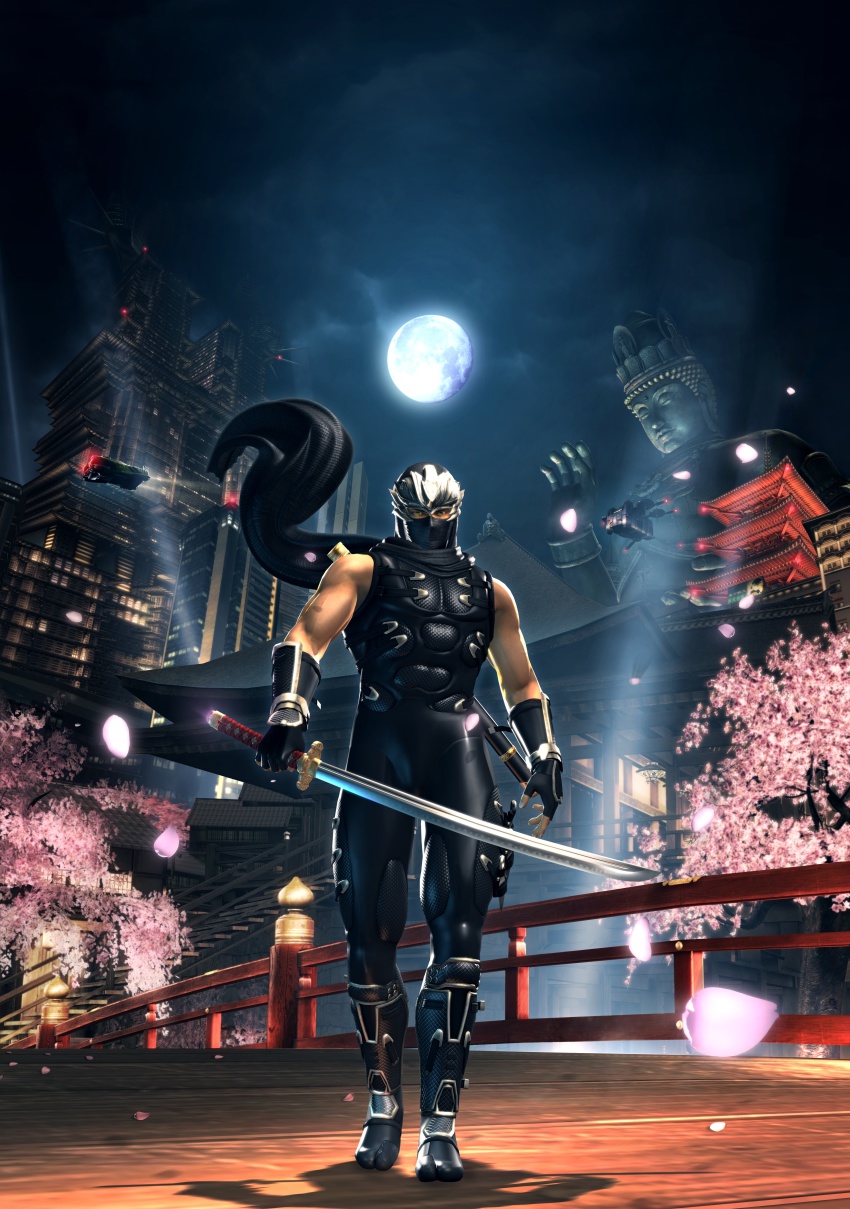 1boy, 3d, absurdres, bridge, cherry_blossoms, city, dragon_sword, gauntlets, green_eyes, highres, katana, mask, moon, ninja_gaiden, ninja_gaiden_sigma_2, official_art, ryu_hayabusa, scarf, statue, sword, weapon