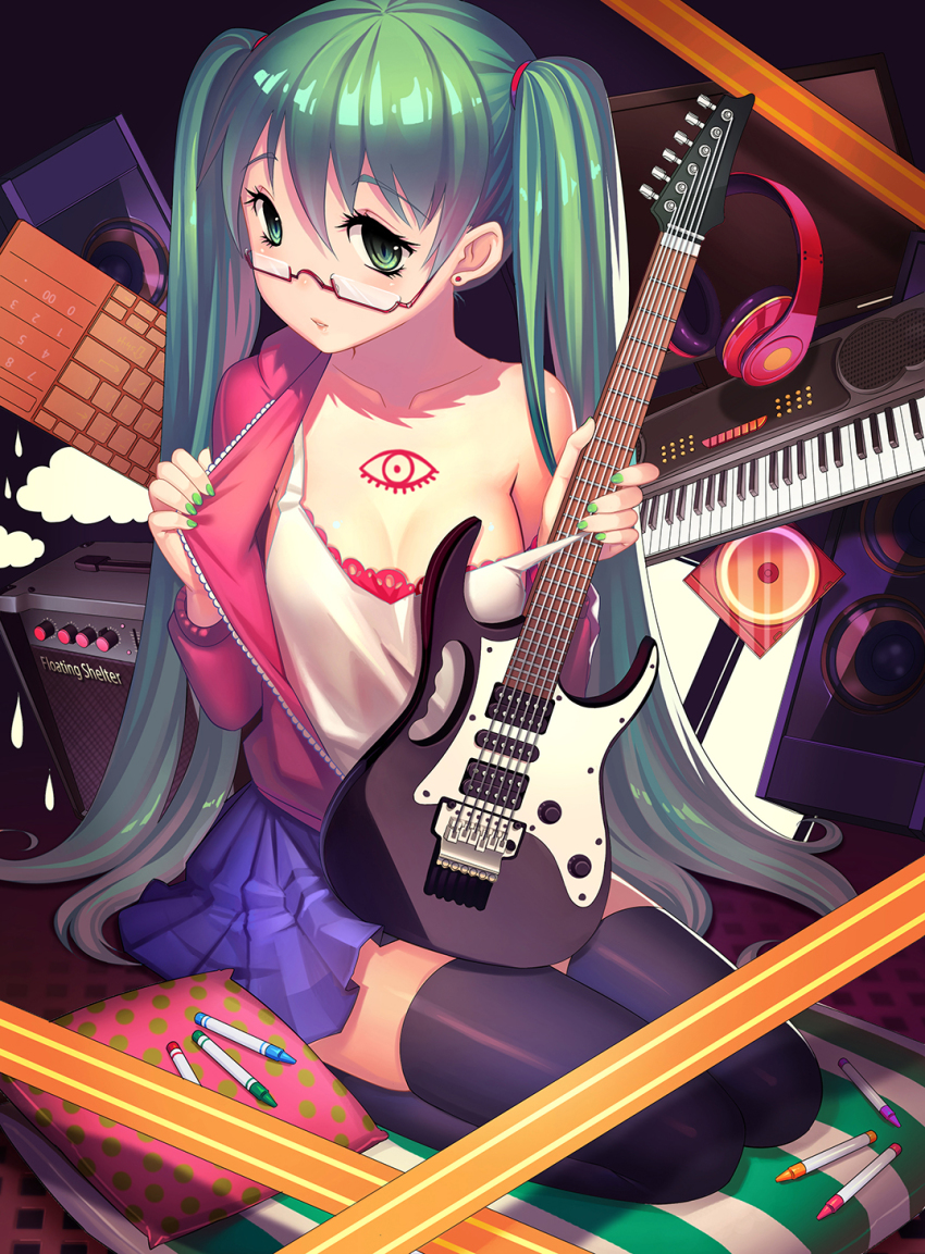 1girl, amplifier, bespectacled, earrings, electric_guitar, female_focus, fiodo, glasses, green_eyes, green_hair, green_nails, guitar, hatsune_miku, headphones, highres, ibanez_jem, instrument, jewelry, keyboard_(instrument), long_hair, matching_hair/eyes, nail_polish, seiza, shiny_skin, sitting, skindentation, skirt, solo, tattoo, twintails, very_long_hair, vocaloid