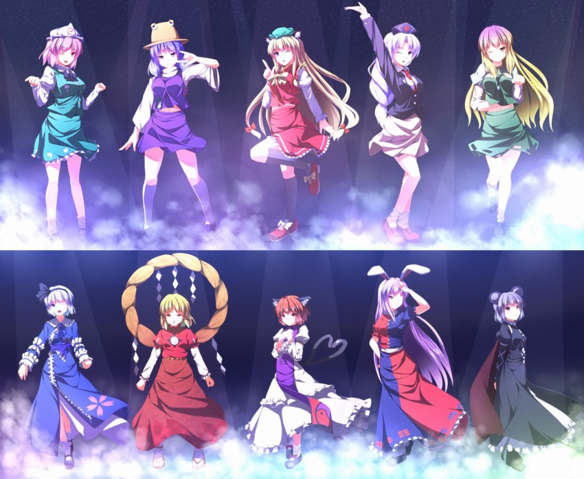 6+girls, ;d, alternate_costume, animal_ears, anklet, black_socks, blonde_hair, blue_eyes