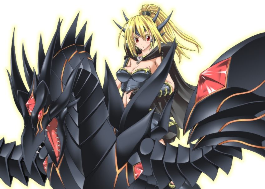 1girl, :o, black_gloves, blonde_hair, blush, breasts, cape, cleavage, dragon, duel_monster, gloves, hair_between_eyes, lady_of_d, long_hair, looking_away, midriff, navel, ozaneko, ponytail, red_eyes, red_eyes_darkness_dragon, riding, sharp_teeth, simple_background, teeth, white_background, yu-gi-oh!, yu-gi-oh!_duel_monsters, yuu-gi-ou