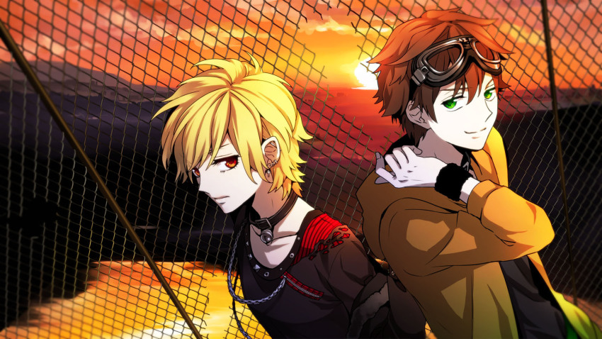 1boy, 1girl, 96neko, akatsuki_arrival_(vocaloid), armband, bad_id, bad_pixiv_id, blonde_hair, brown_hair, chain, collar, earrings, fence, green_eyes, highres, indie_utaite, jewelry, kogeinu, niconico, red_eyes, sato_iruno, satou_iruno, short_hair, sunset, utaite, vocaloid