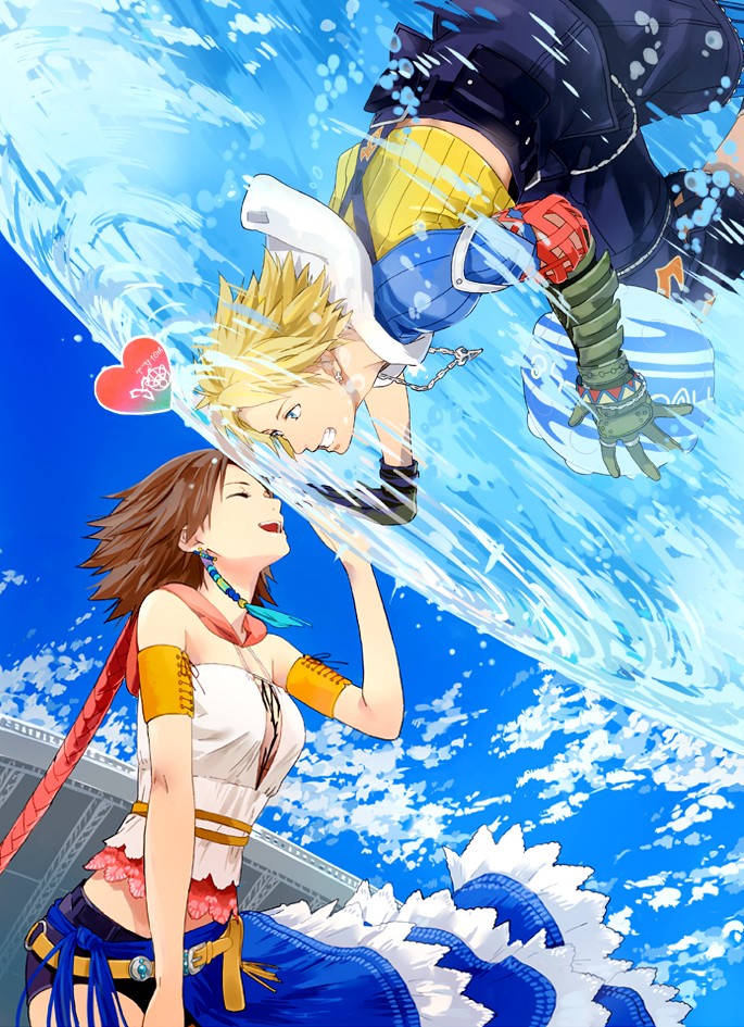 00s, 1boy, 1girl, blonde_hair, blue_eyes, brown_hair, closed_eyes, final_fantasy, final_fantasy_x, final_fantasy_x-2, gloves, grin, habuki, hetero, jewelry, necklace, smile, symmetry, tidus, water, yuna, yuna_(ff10)
