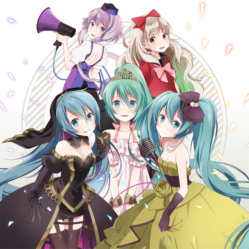 5girls, aqua_eyes, aqua_hair, blue_eyes, bow, breasts, cleavage, creator_connection