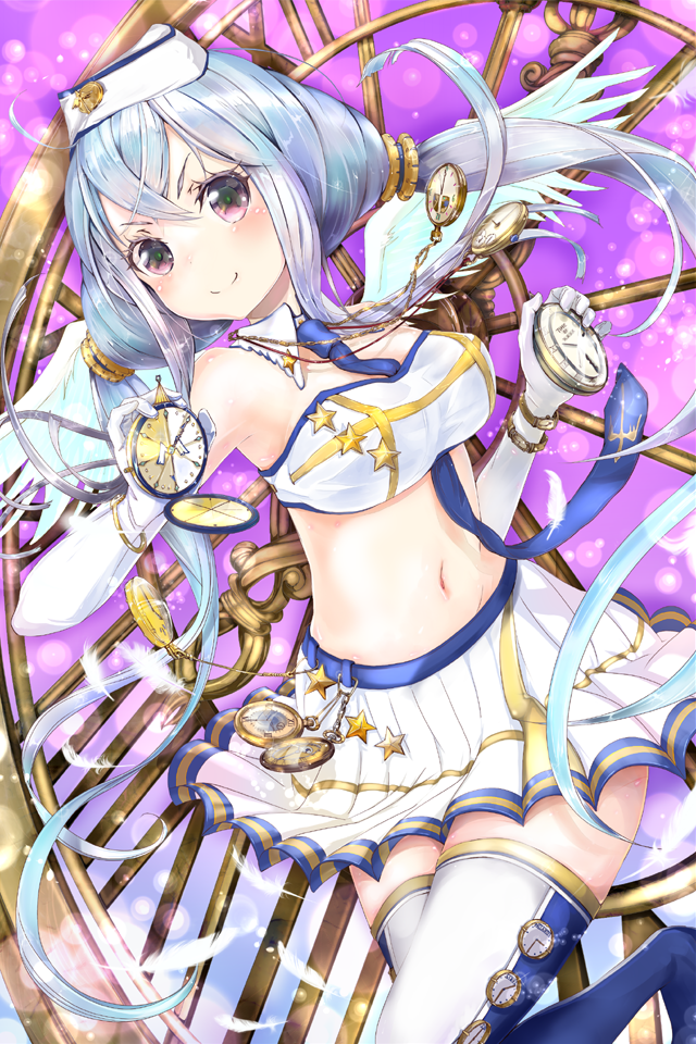 1girl, bandeau, blue_hair, blush, clock, female_focus, gloves, gunshin_shoukan_ark_knights