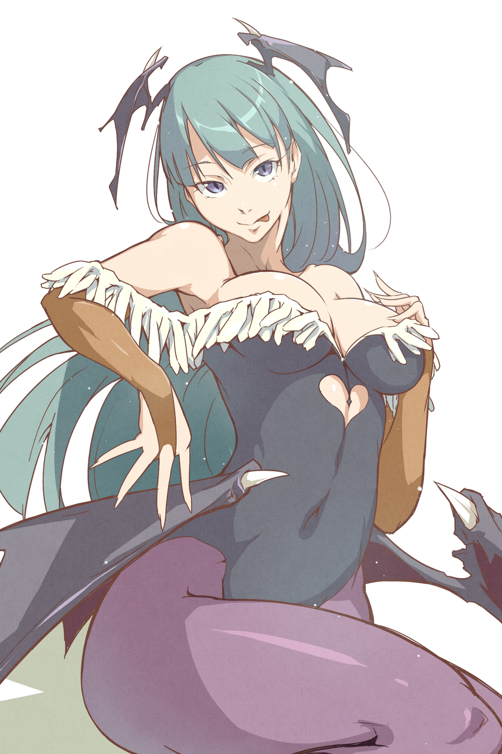 1girl, :p, bare_shoulders, bat_wings, blue_eyes, breasts, bridal_gauntlets, capcom