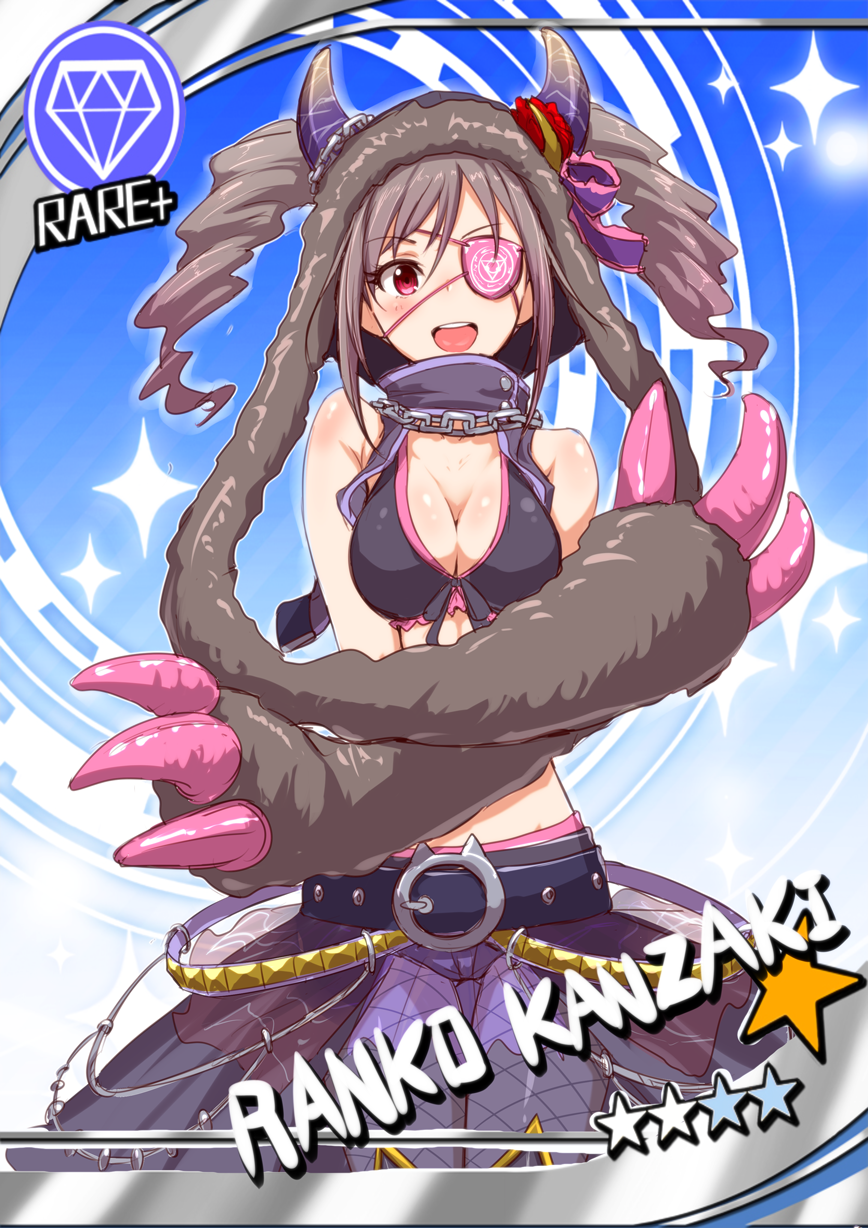 1girl, belt, blush, breasts, card_(medium), card_parody, chain, character_name, cinderella_girls_card_parody, clearite, cleavage, cosplay, eyepatch, female_focus, fishnets, gem_(symbol), grey_hair, hayasaka_mirei, hayasaka_mirei_(cosplay), highres, hood, hoodie, idolmaster, idolmaster_cinderella_girls, kanzaki_ranko, long_hair, medium_breasts, open_mouth, parody, red_eyes, shiny_skin, short_hair, solo, thigh_gap, twintails