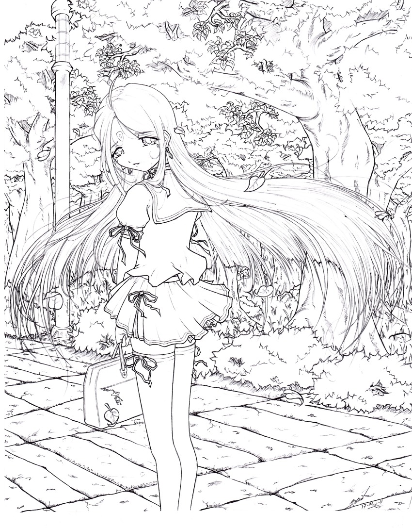 1girl, aa_megami-sama, absurdres, dannpaina_(artist), highres, lace, lingerie, loli, long_hair, monochrome, skuld, smile, thighhighs, underwear