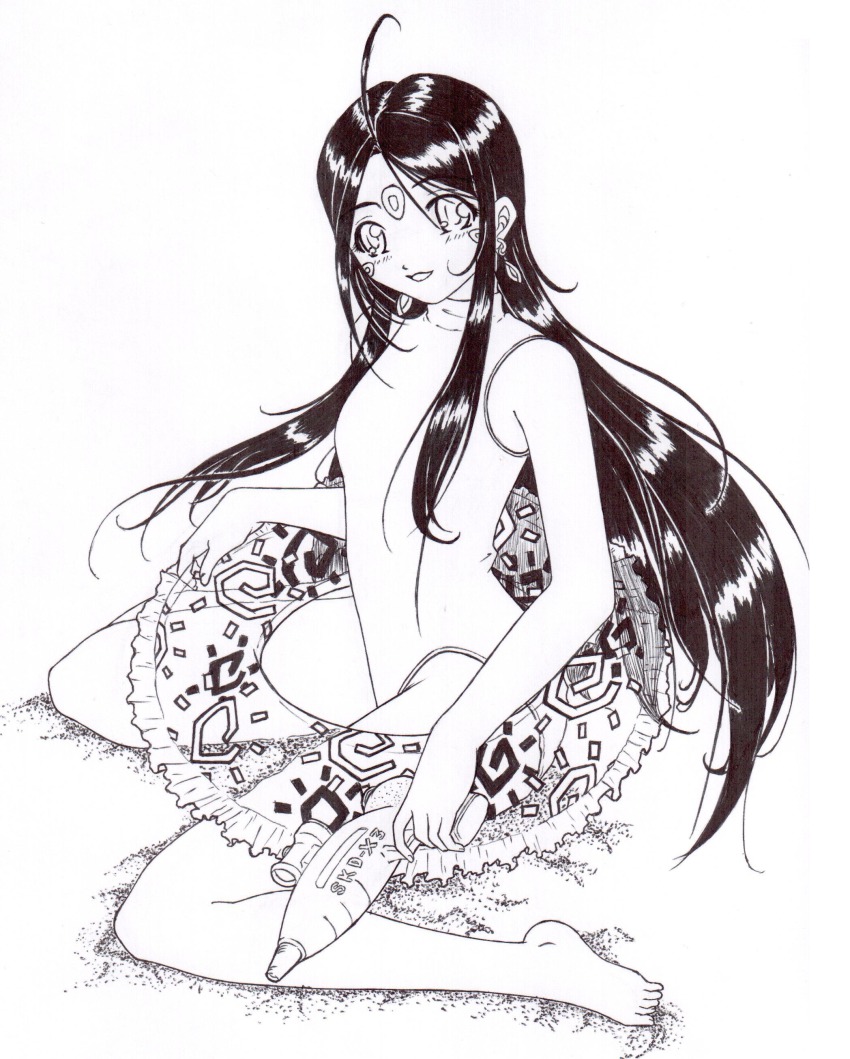 1girl, :d, aa_megami-sama, absurdres, ahoge, beach, black_hair, bouyancy_aid, dannpaina_(artist), feet, highres, loli, long_hair, monochrome, open_mouth, sand, skuld, smile, swimsuit, tagme, water_gun