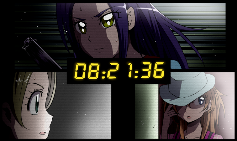 24_(series), 3girls, :o, blue_eyes, brown_hair, clock, crossover, digital_clock
