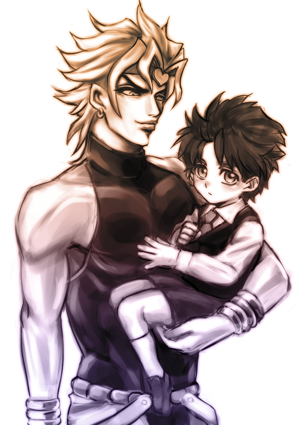 2boys, aged_down, aged_up, bad_id, bad_pixiv_id, child, dio_brando, freeky, headband, heart, jojo_no_kimyou_na_bouken, jonathan_joestar, male_focus, monochrome, multiple_boys, time_paradox