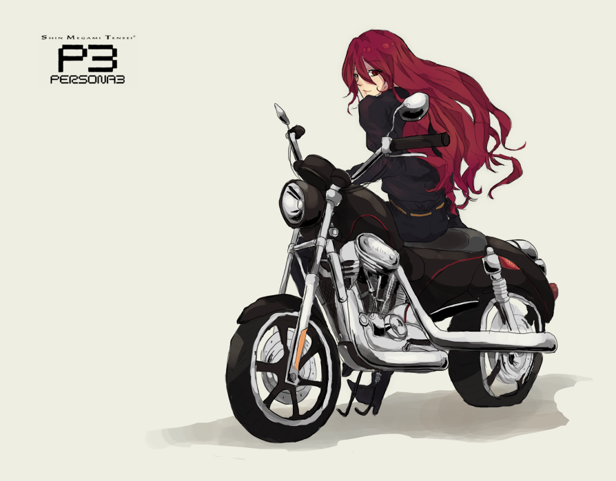 1girl, atlus, kirijou_mitsuru, long_hair, motor_vehicle, motorcycle, nilam_sari, persona